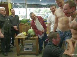 Studly Shoplifter Acquires An Eggplant Up His Booty And A FAce Full Of Cum At A Fruit Stand.
