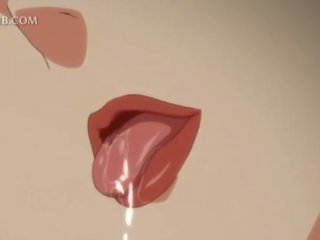 Innocent anime babe fucks big cock between tits and cunt lips